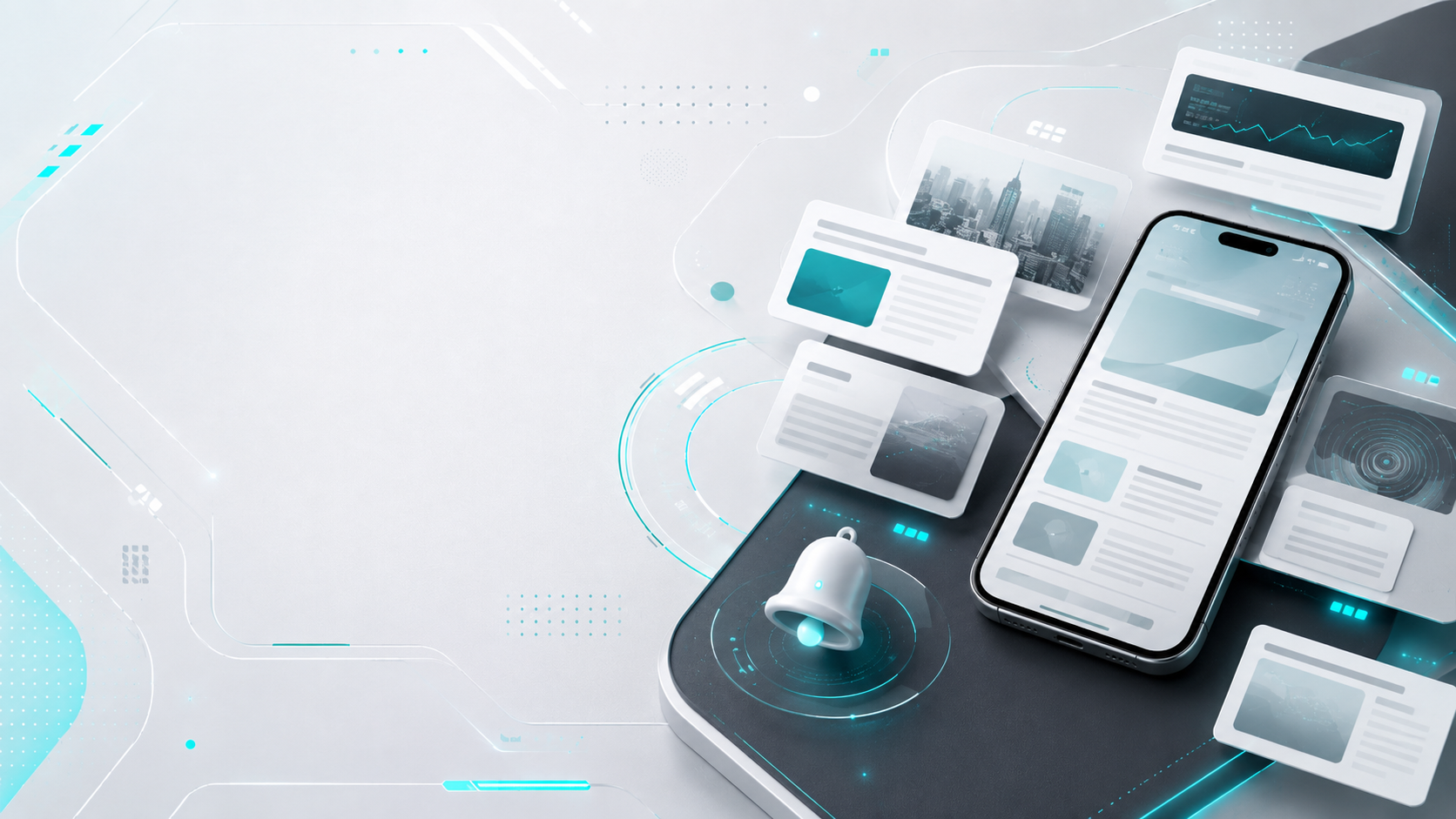 Futuristic tech illustration with a smartphone and floating data cards over a dark platform with blue glow accents.