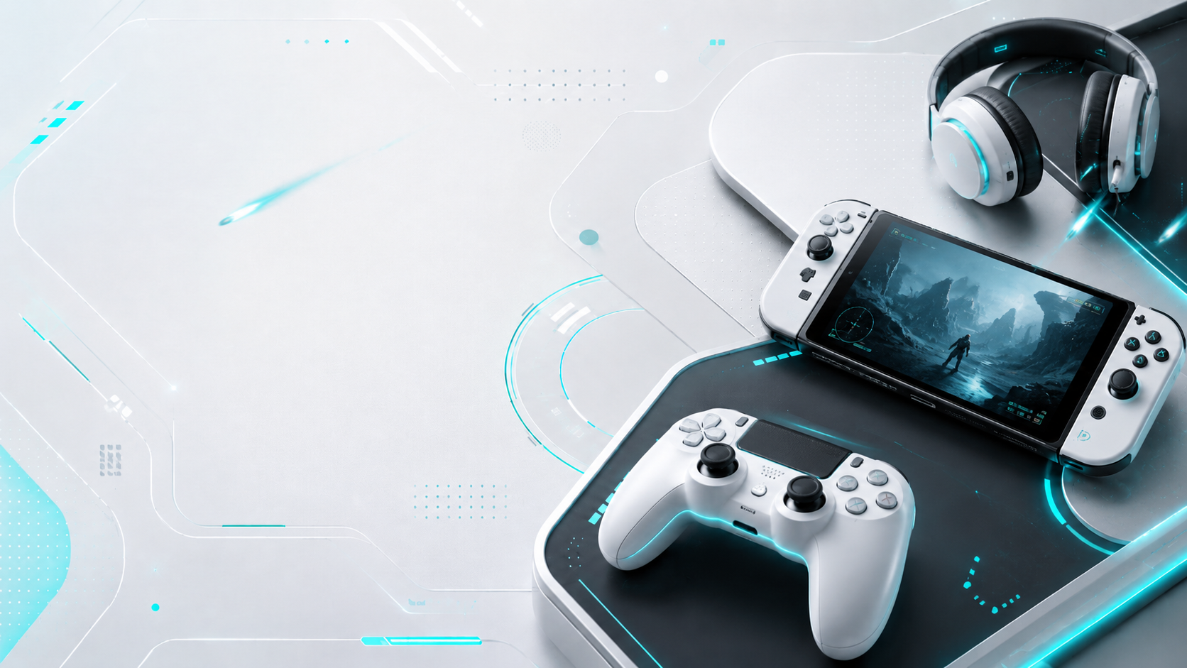 White handheld gaming console with a wired-looking controller and over-ear headphones on a futuristic neon-lit surface; screen shows a mountainous adventure game