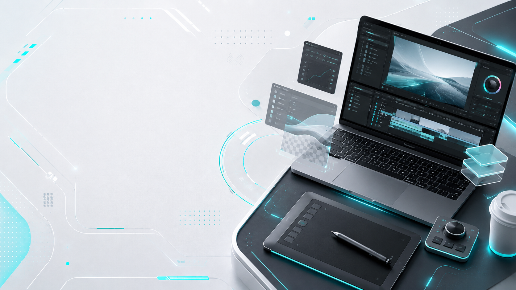 Futuristic workspace with a laptop showing video editing software and a drawing tablet on a high-tech desk with glowing blue accents.