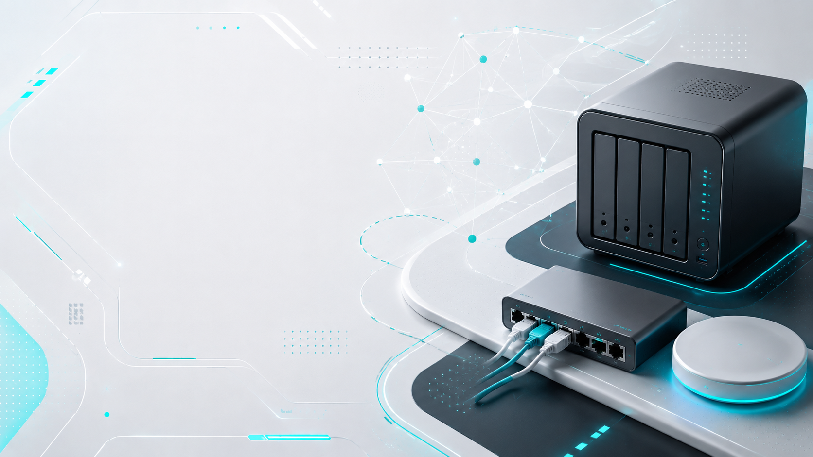 Futuristic network setup with a black NAS enclosure, a small switch with Ethernet cables, and a circular wireless access point on a tech-themed platform.