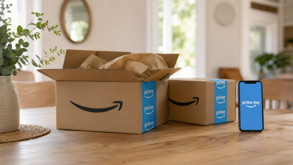Two Amazon cardboard boxes on a wooden dining table, with packing paper and a smartphone showing 'prime day' nearby.