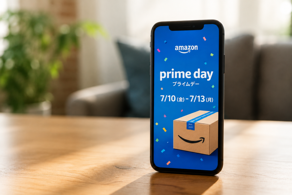Smartphone on a wood table displaying Amazon Prime Day promo with a cardboard box and confetti on a blue background.